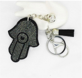 Keychain - Silver Plated Hamsa - Hand  & Rhinestone Charms